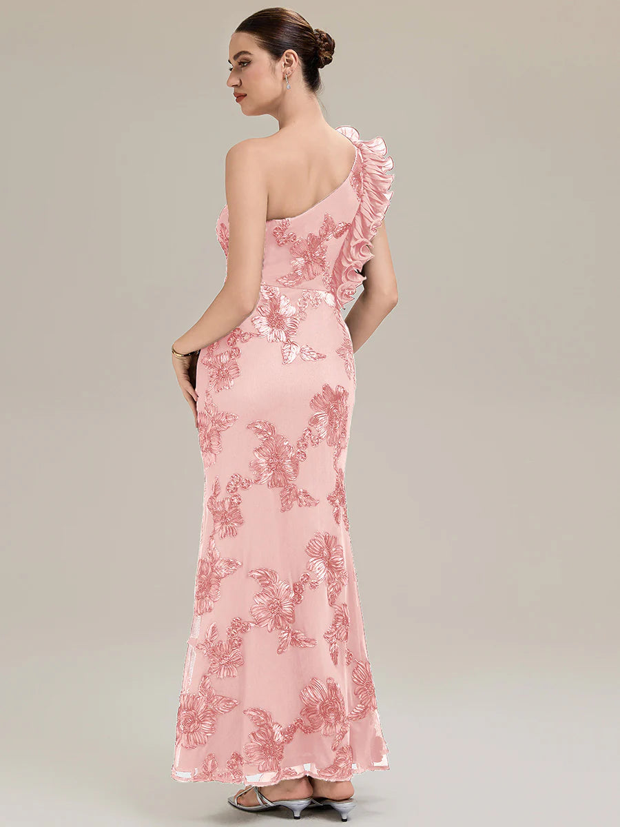Custom Made One Shoulder Sleeveless Floral Jacquard Fishtail Evening Dresses
