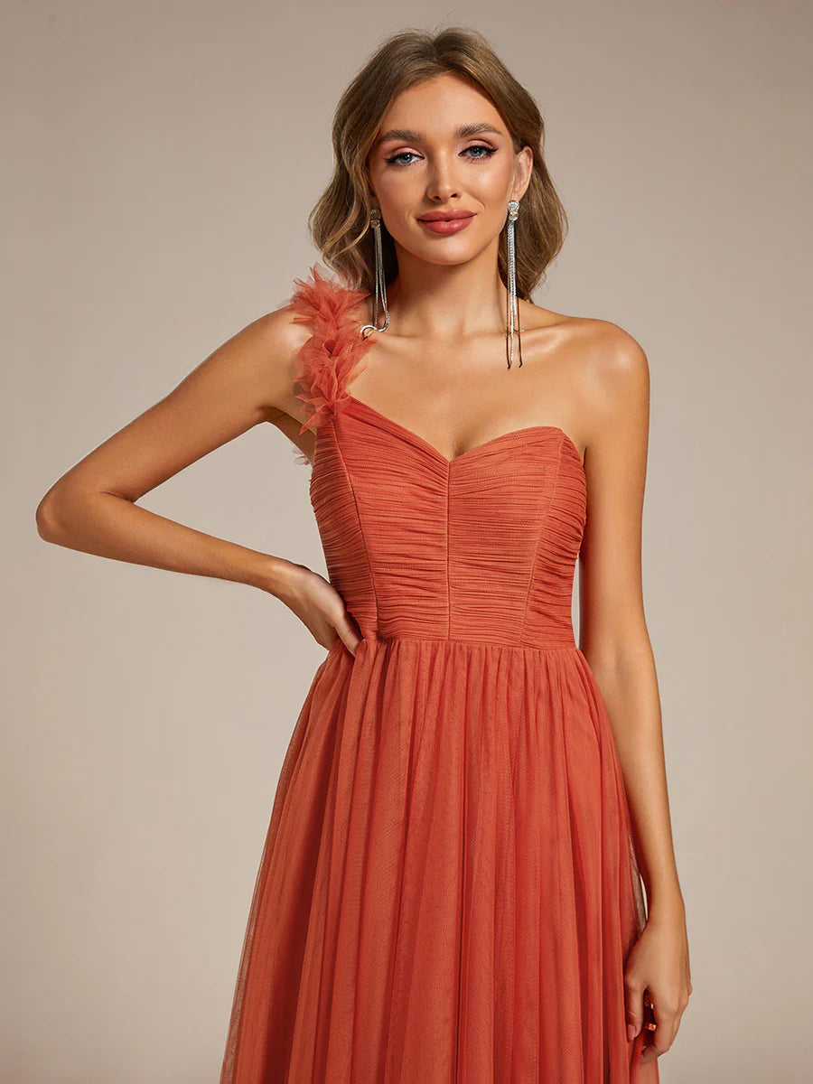 Pleated Backless One Shoulder Split Tulle Wholesale Bridesmaid Dresses