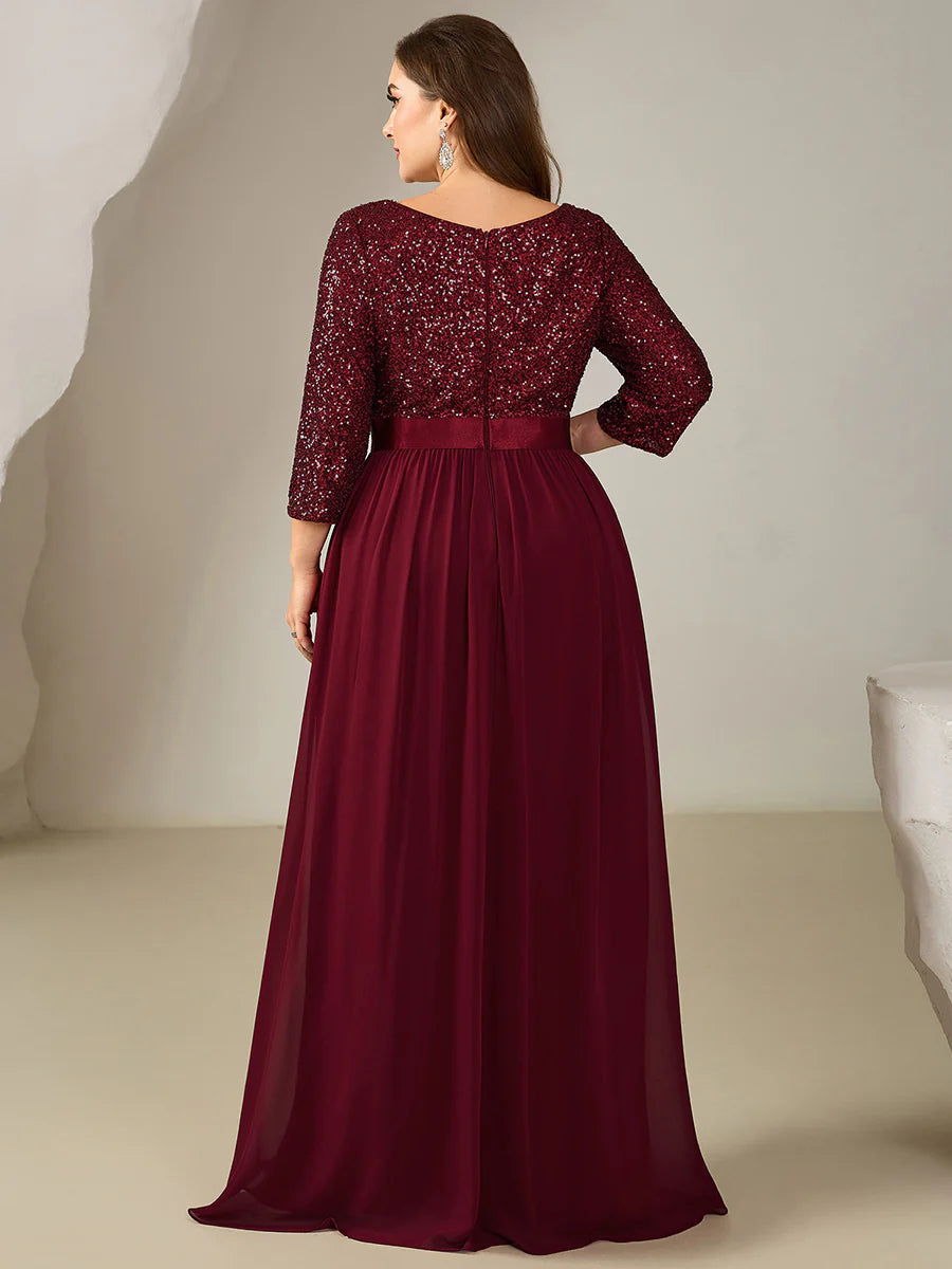 Plus Size 3/4 Sleeve Sequin Patchwork A-Line Floor Length Evening Dresses