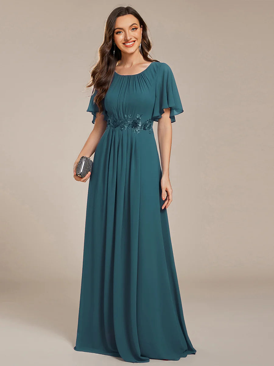 Short Sleeves Pleated Applique A-Line Floor-Length Formal Evening Dress