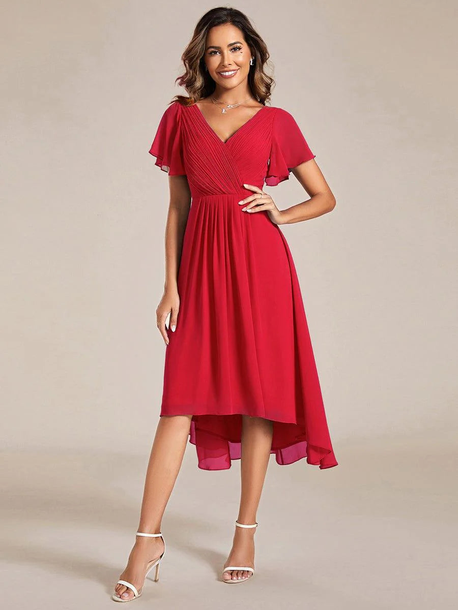 Chic V Neck High-Low Short Sleeve Wedding Guest Dress