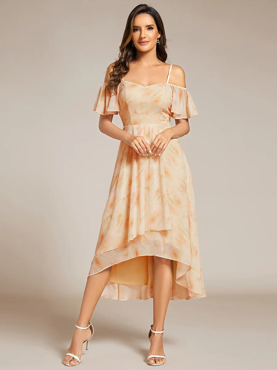 Chiffon Spaghetti Strap Cold Shoulder Tea Length Wedding Guest Dress