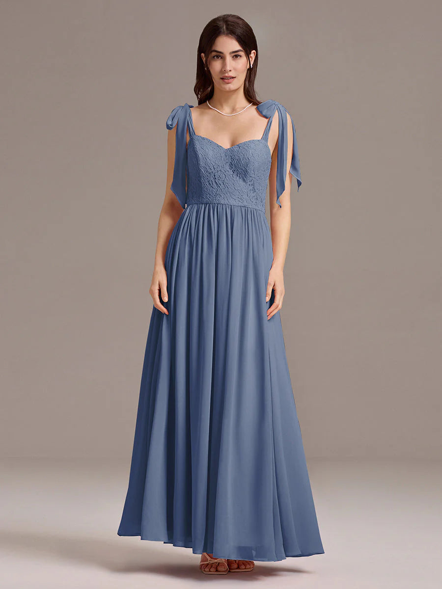 Chiffon Sweetheart Neck Bow Tie Backless A-Line Lace Bridesmaid Dress