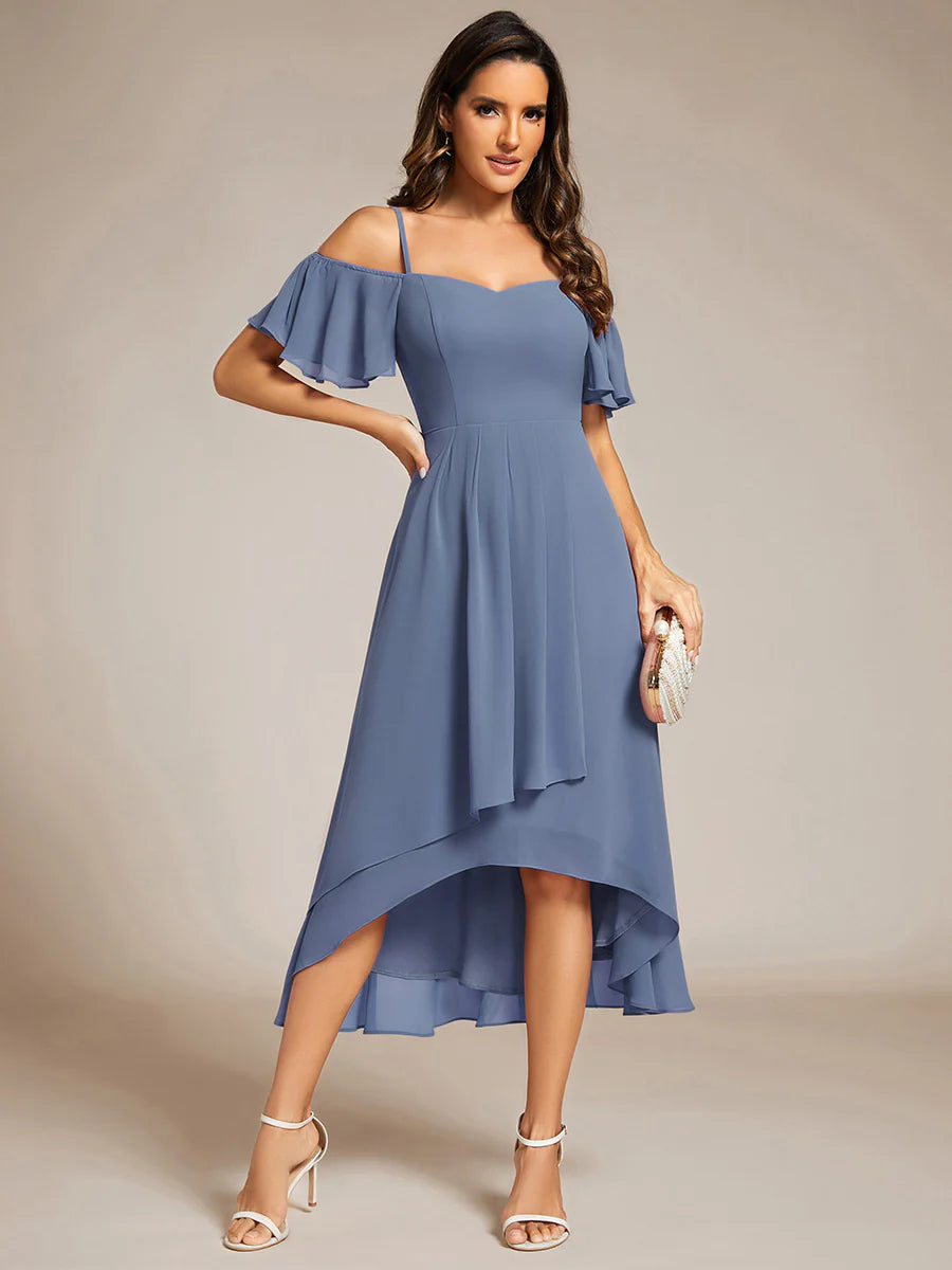 Chiffon Spaghetti Strap Cold Shoulder Tea Length Wedding Guest Dress