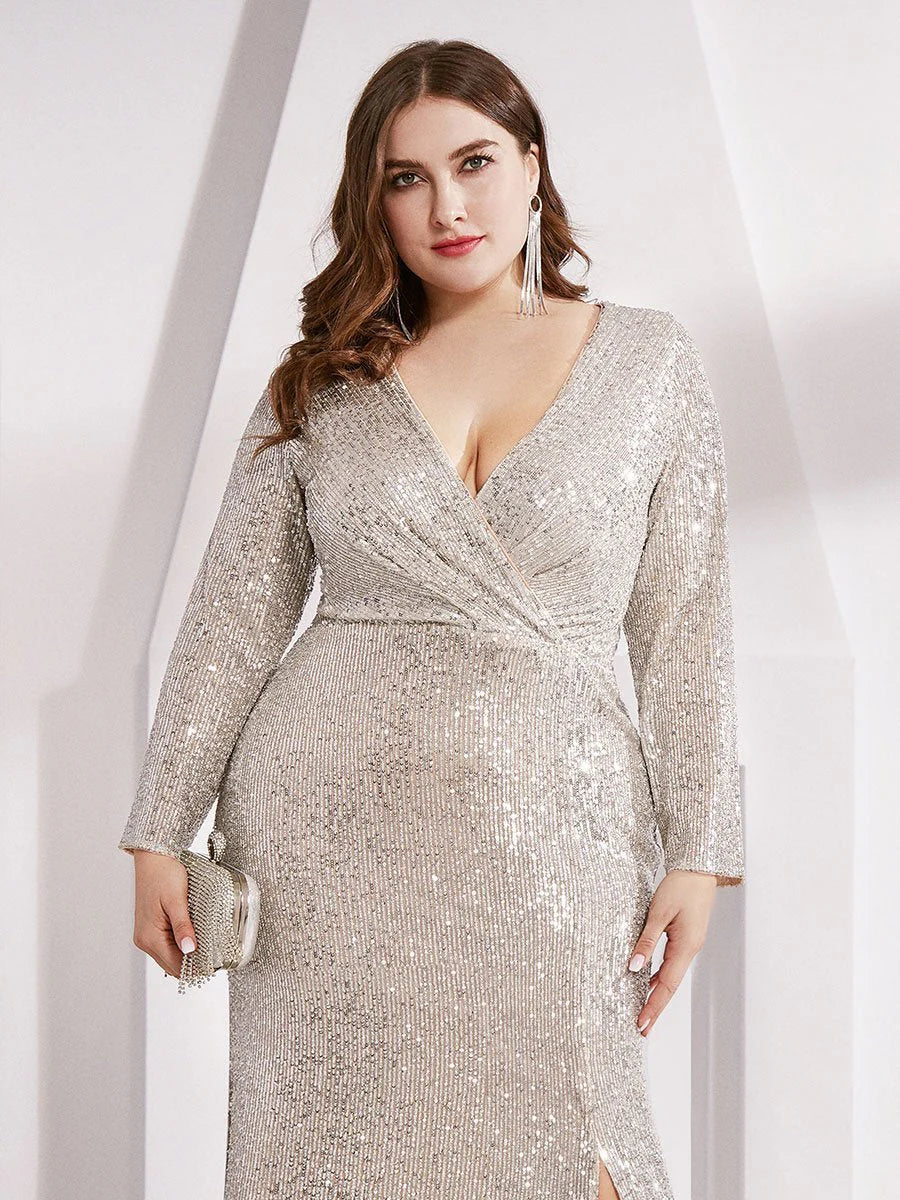 Shiny V Neck Plus Size Sequin Wholesale Evening Party Dress