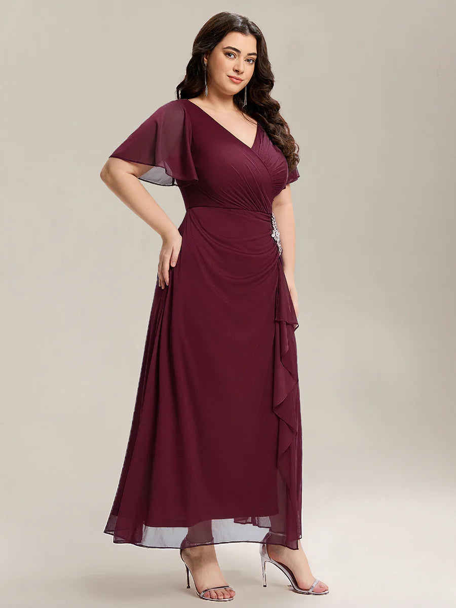 Plus Size Short Sleeve Ruffled Deep V Neck A-Line Slit Maxi Dress for Mother of the Bride