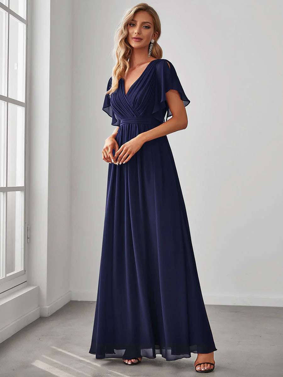 A Line Wholesale Evening Dresses with Deep V Neck Ruffles Sleeves
