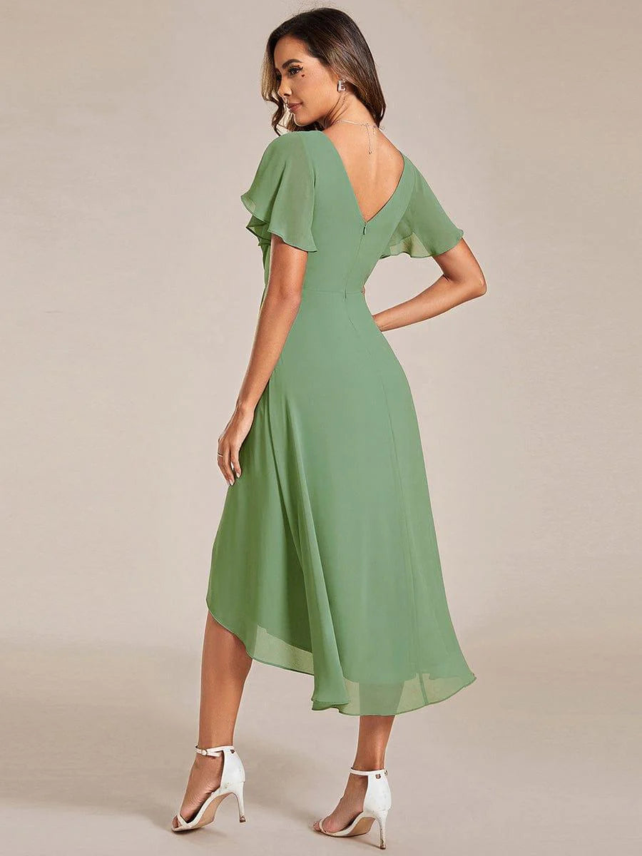 Chic V Neck High-Low Short Sleeve Wedding Guest Dress