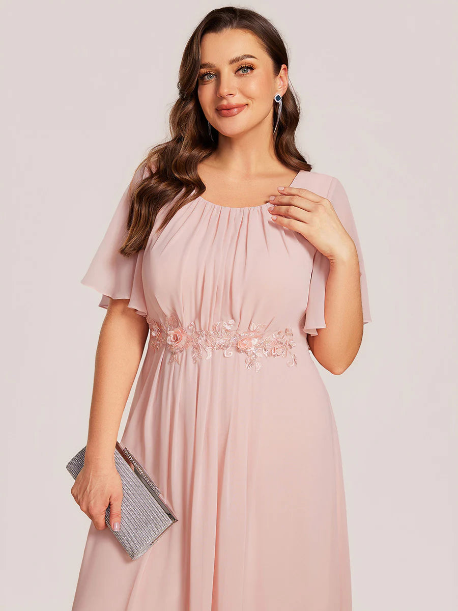 Commercial Wholesale Short Sleeve Ruffle A-Line Midi Dress with Floral Appliques Evening Dresses
