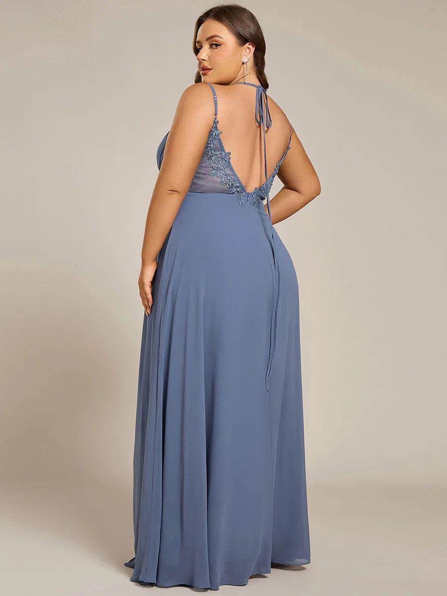 Plus Size Sleeveless V-Neck Appliques A-Line Floor Length Bridesmaid Dresses