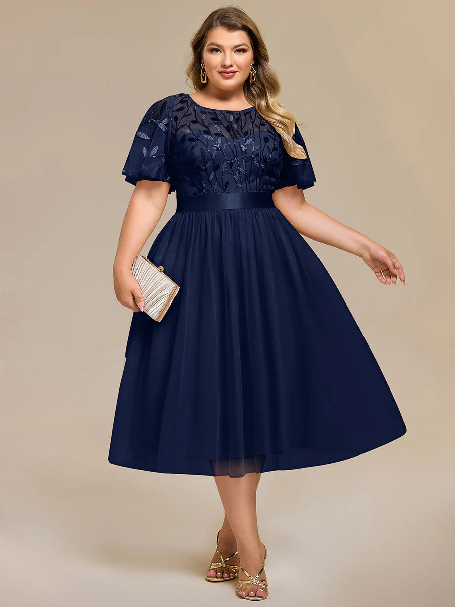 Bulk Order | Plus Size Fit A-Line Deep V-Neck Evening Gown | Ruffled Short Sleeve Midi Dress