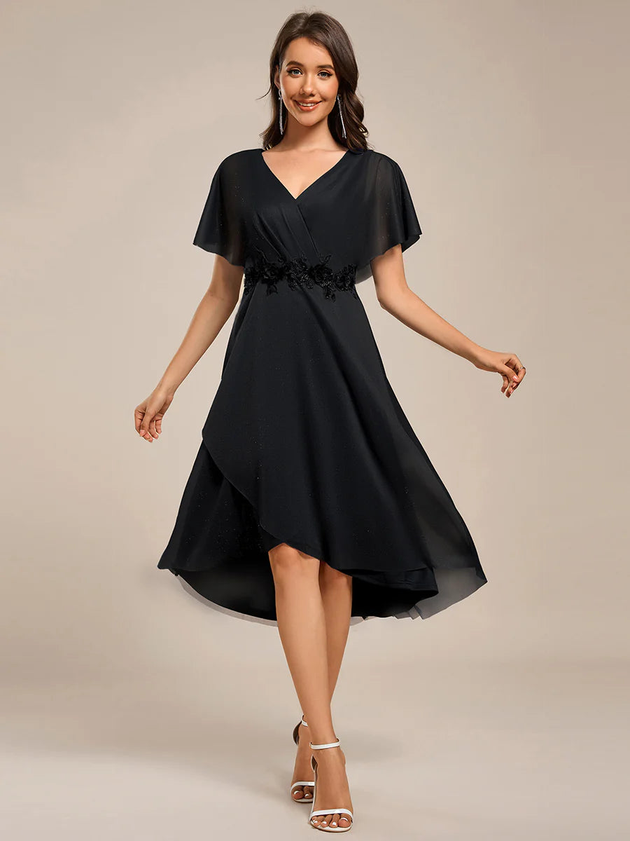 Shimmer Bat-wing Sleeve Asymmetrical Hem Wedding Guest Dresses