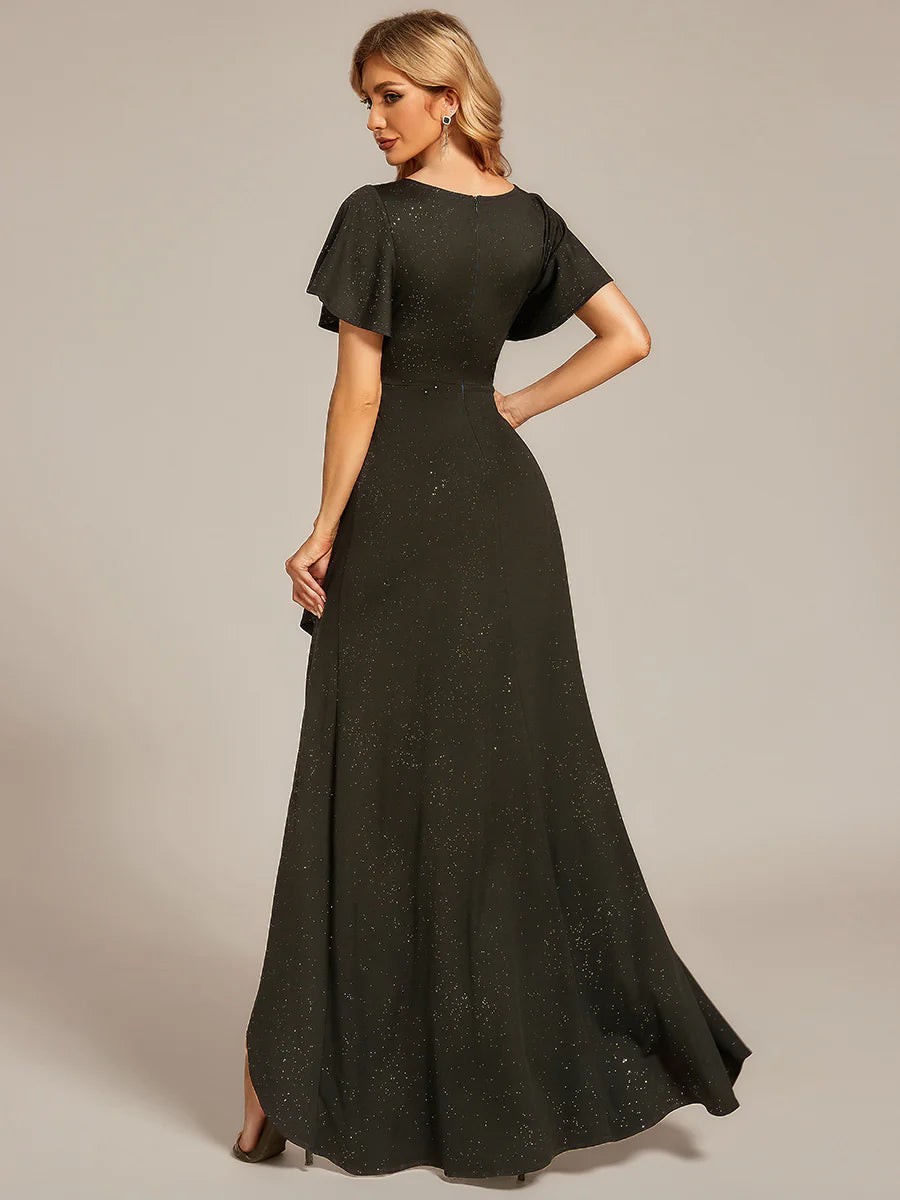 Shiny Tea Length Split Wholesale Evening Dresses With Ruffle Sleeves
