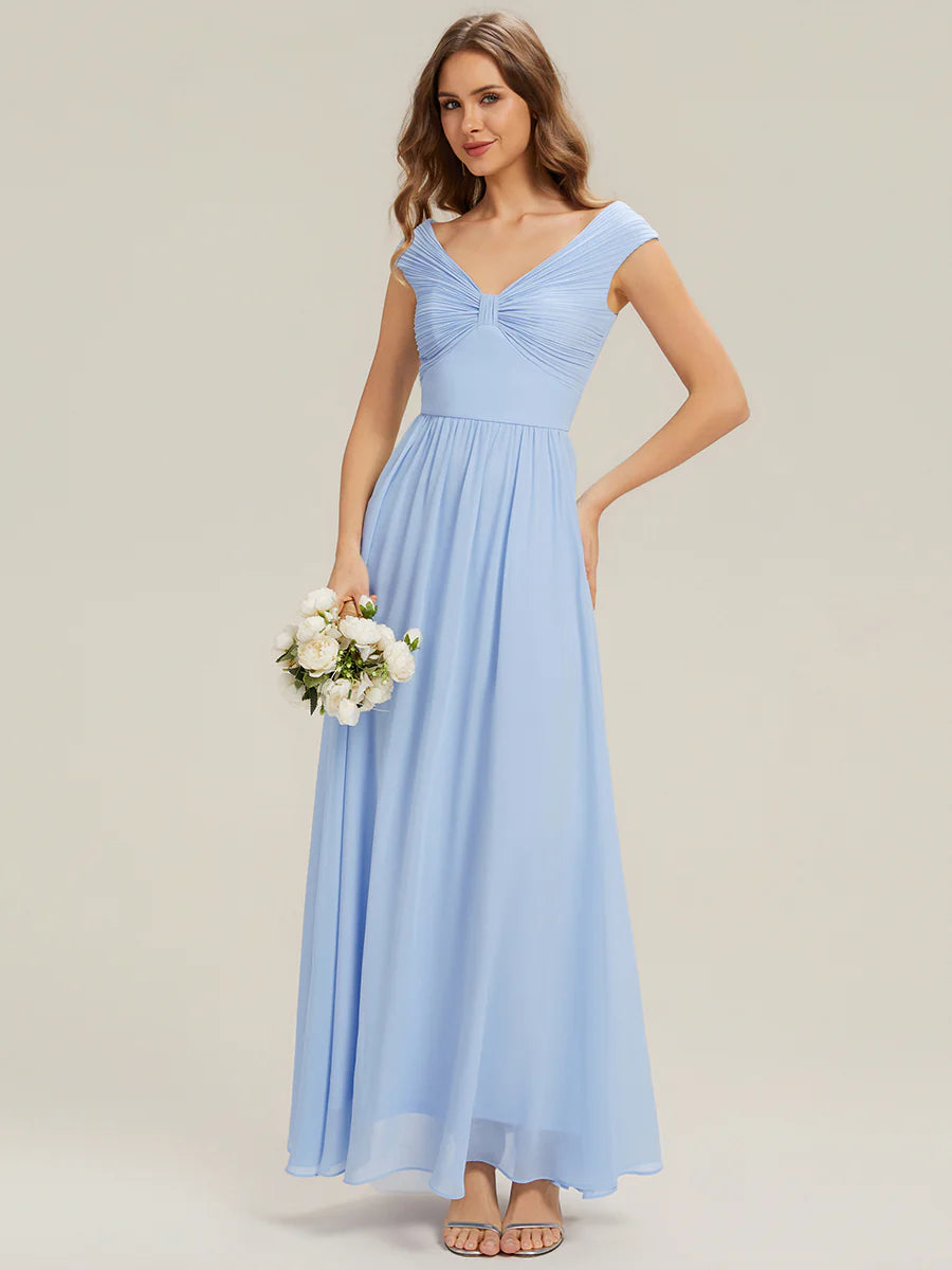 Commercial Wholesale Sleeveless Off Shoulder Deep V-Neck Pleated A-Line Floor Length Bridesmaid Dresses