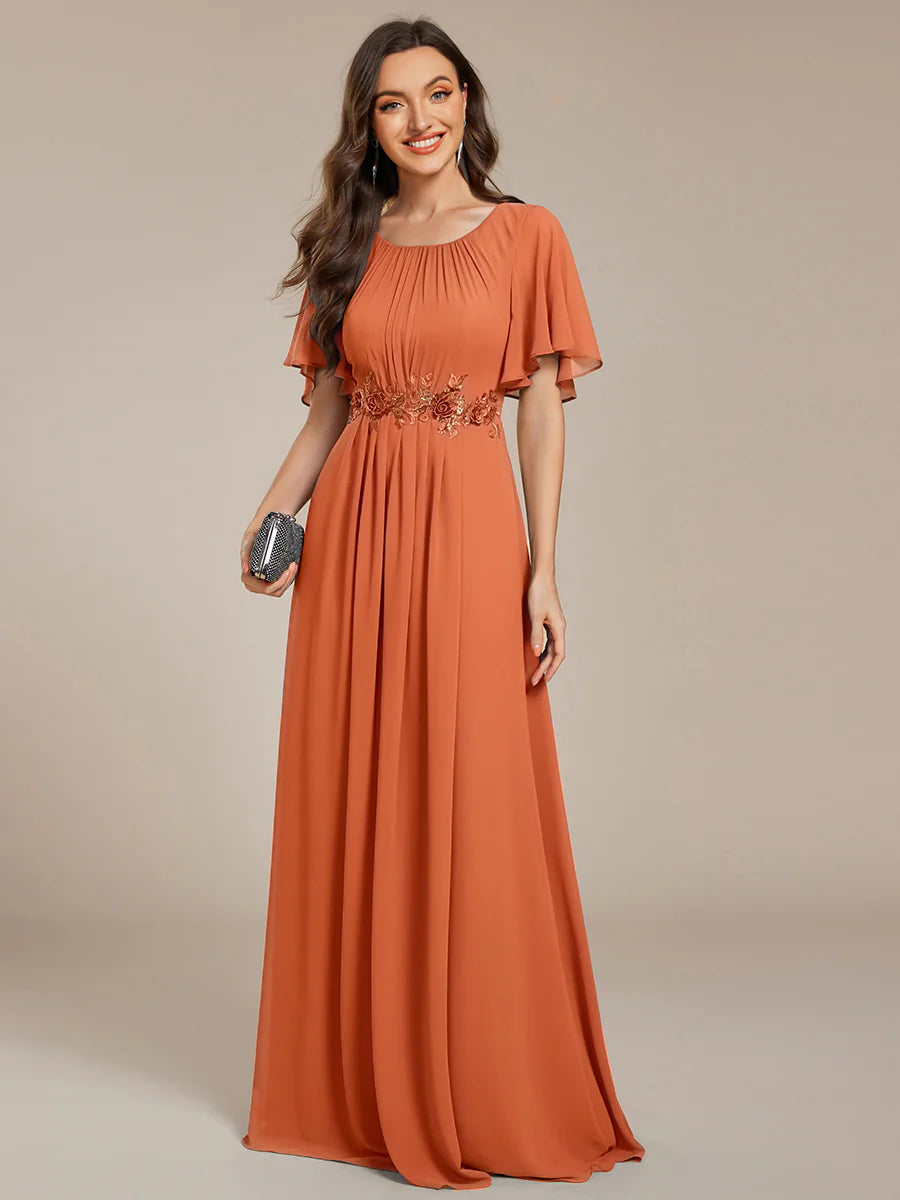 Short Sleeves Pleated Applique A-Line Floor-Length Formal Evening Dress