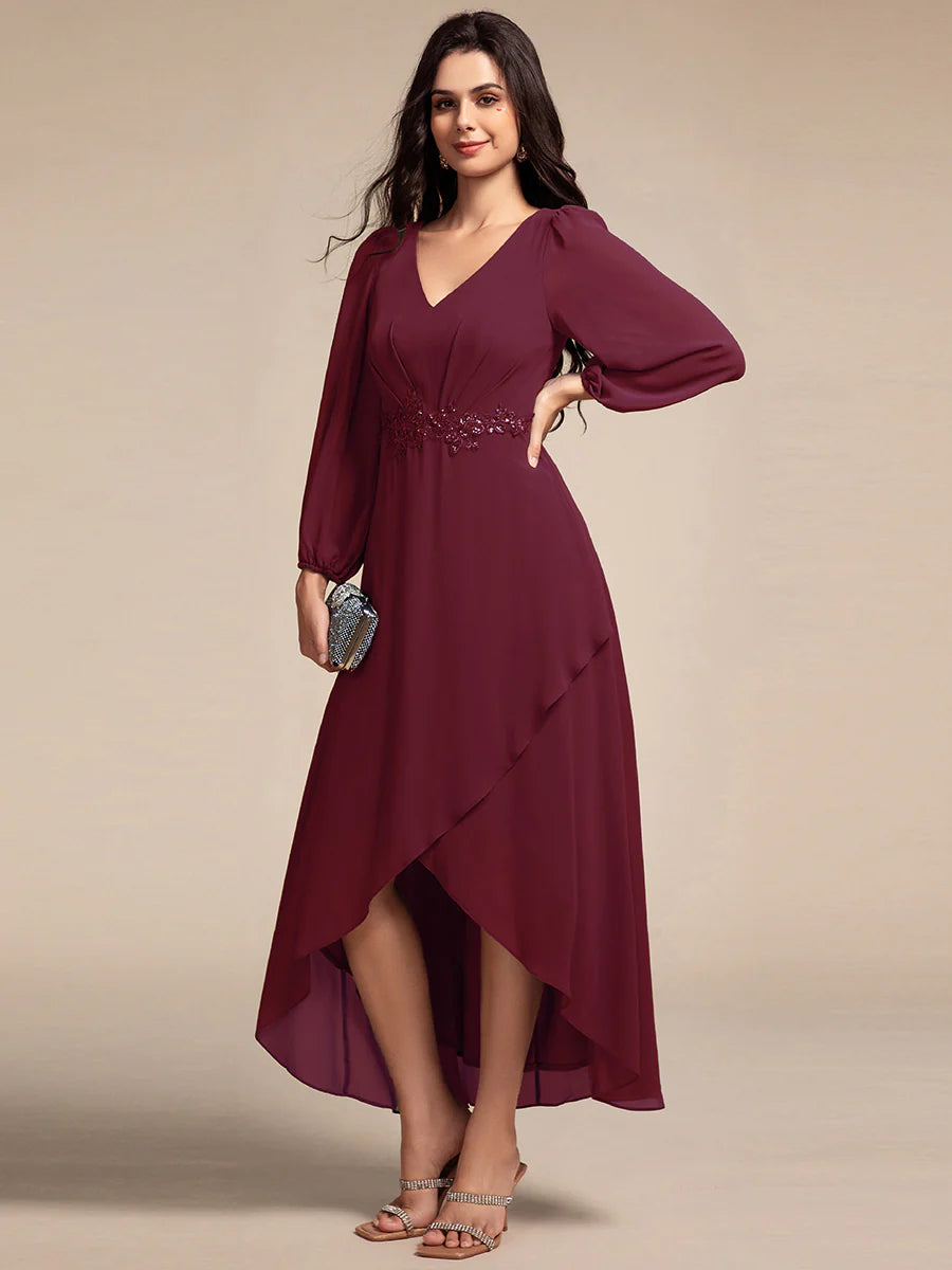 Elegant Applique Empire Waist Nine-Length Chiffon Evening Dresses with Regular fold stream Asymmetrical Hem