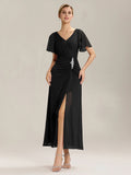 Short Sleeve Ruffle Deep V-Neck A-Line Maxi Dress with Slit Mother of the Bride Dresses