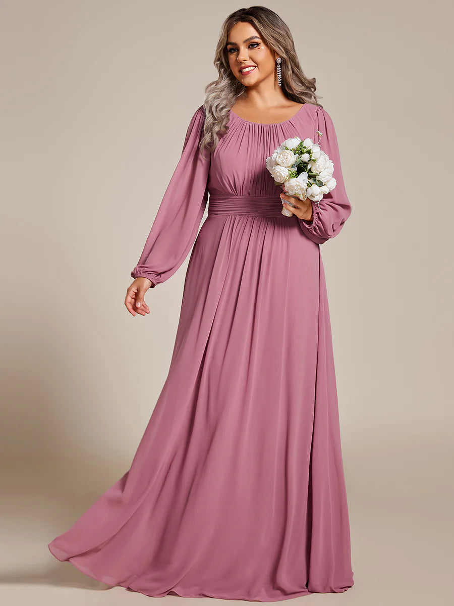 Plus Size Round Neck Wholesale Bridesmaid Dresses with Long Lantern Sleeves