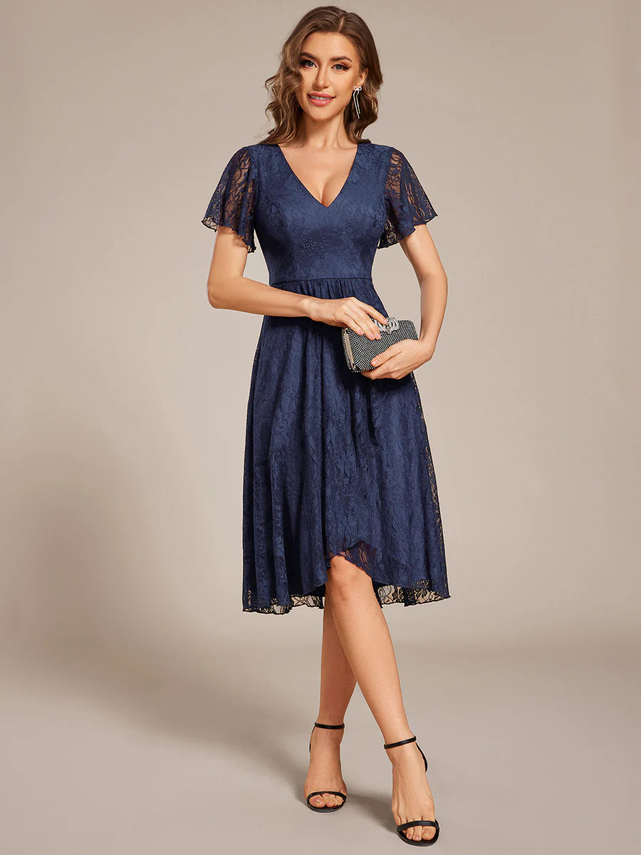 Short Sleeve Ruffled V-Neck A-Line Midi Wedding Guest Dress