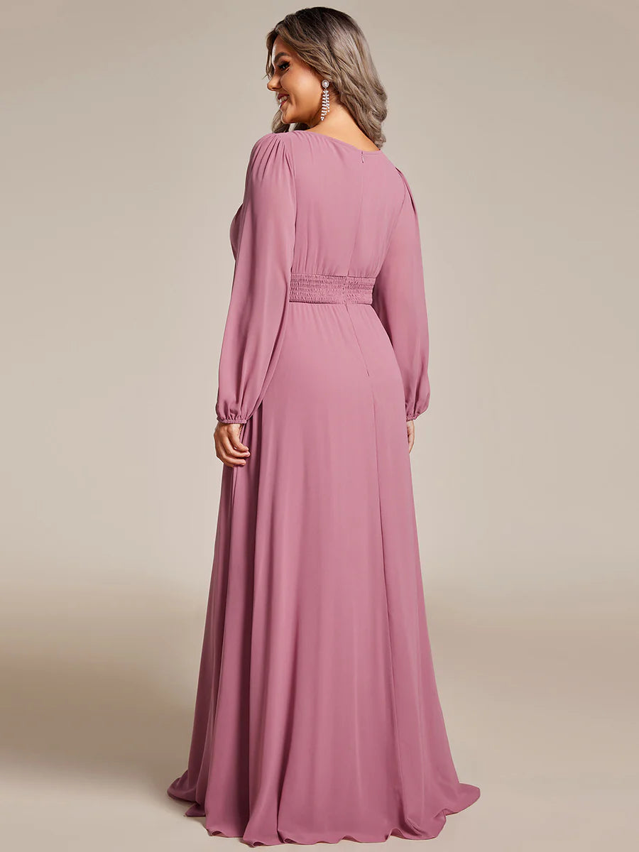 Plus Size Round Neck Wholesale Bridesmaid Dresses with Long Lantern Sleeves