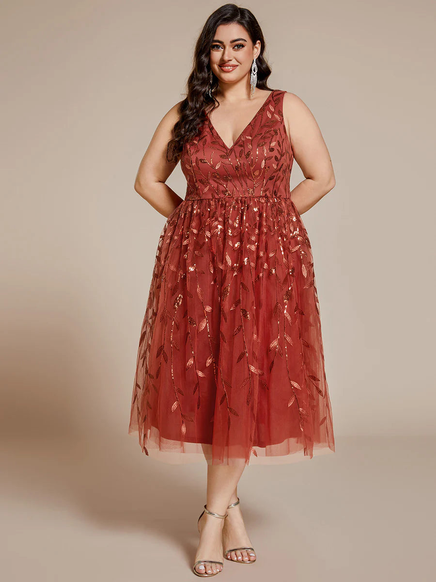 Plus Size V-Neck Sequin Midi Wedding Guest Dress With Sleeveless