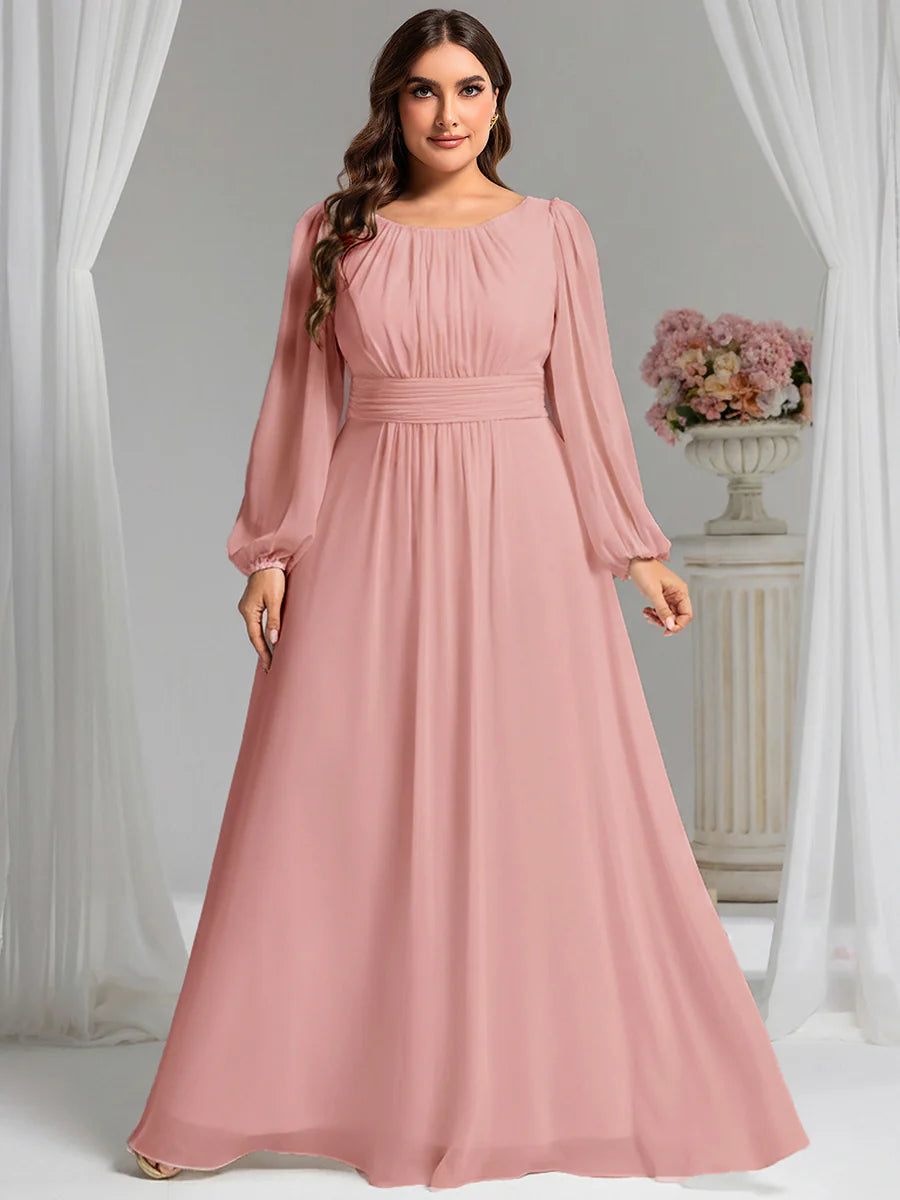 Plus Size Round Neck Wholesale Bridesmaid Dresses with Long Lantern Sleeves