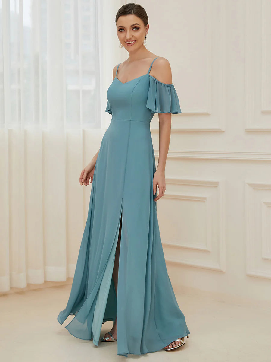 Wholesale High Split Chiffon Bridesmaid Dress With Spaghetti Straps