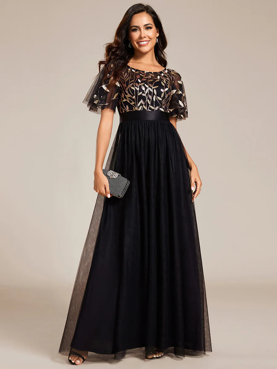Sequin Print Floor-length Wholesale Evening Dresses with Cap Sleeve