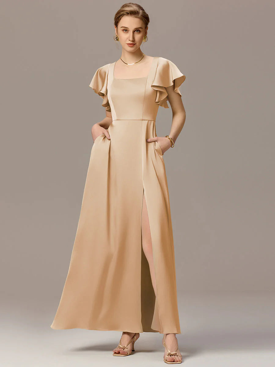 Customized Satin Square Neck Short Sleeve Ruffled Maxi Bridesmaid Dress with Pockets