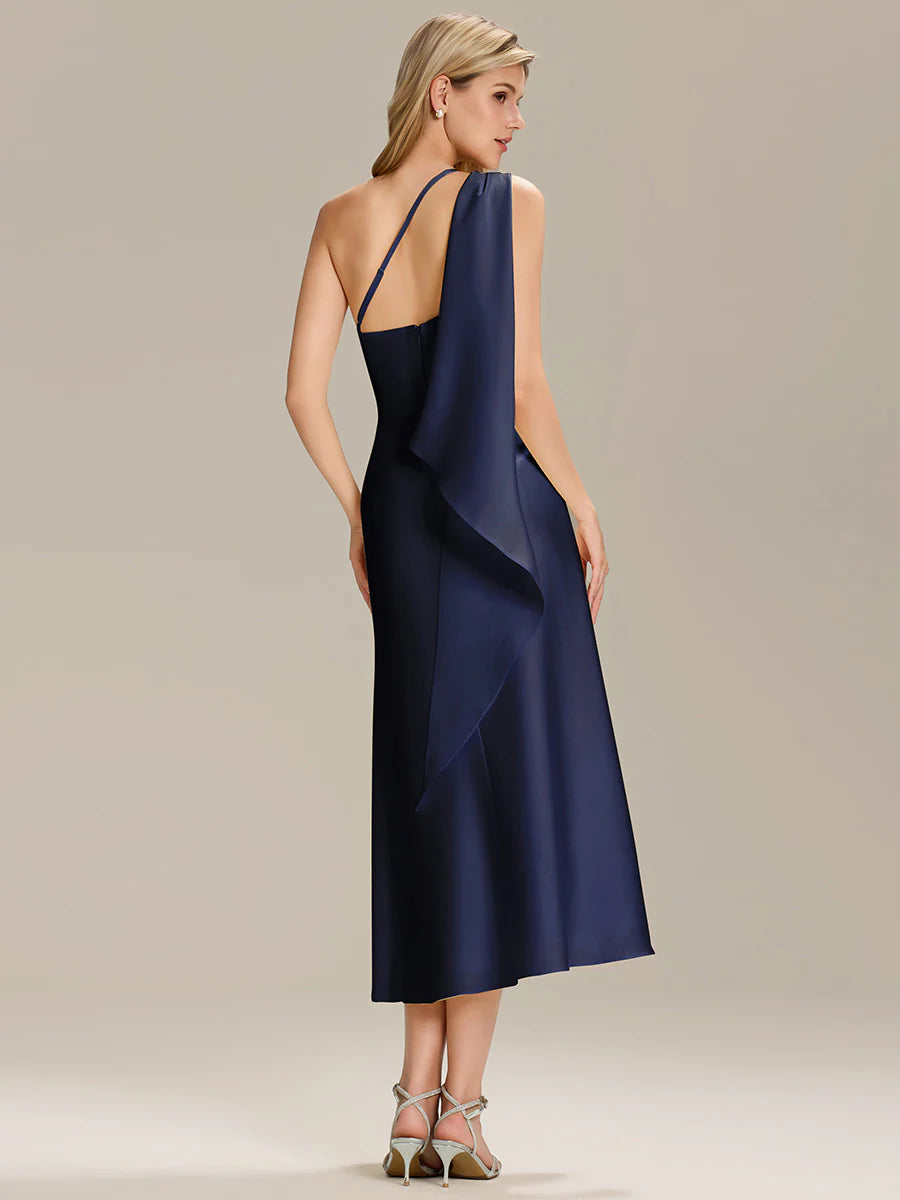 One Shoulder Gathered Non-Stretch Midi Wrap Wedding Guest Dresses