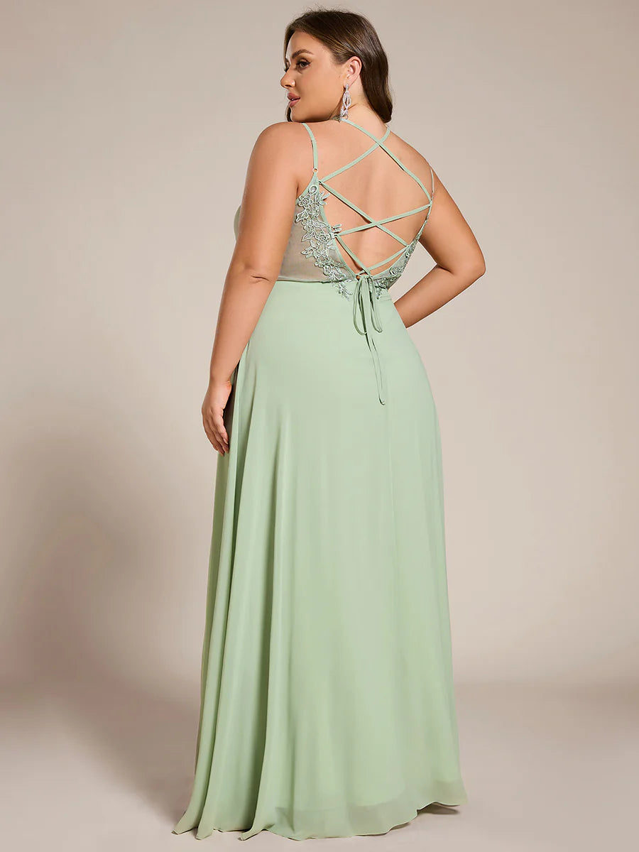 Plus Size Sleeveless V-Neck Appliques A-Line Floor Length Bridesmaid Dresses