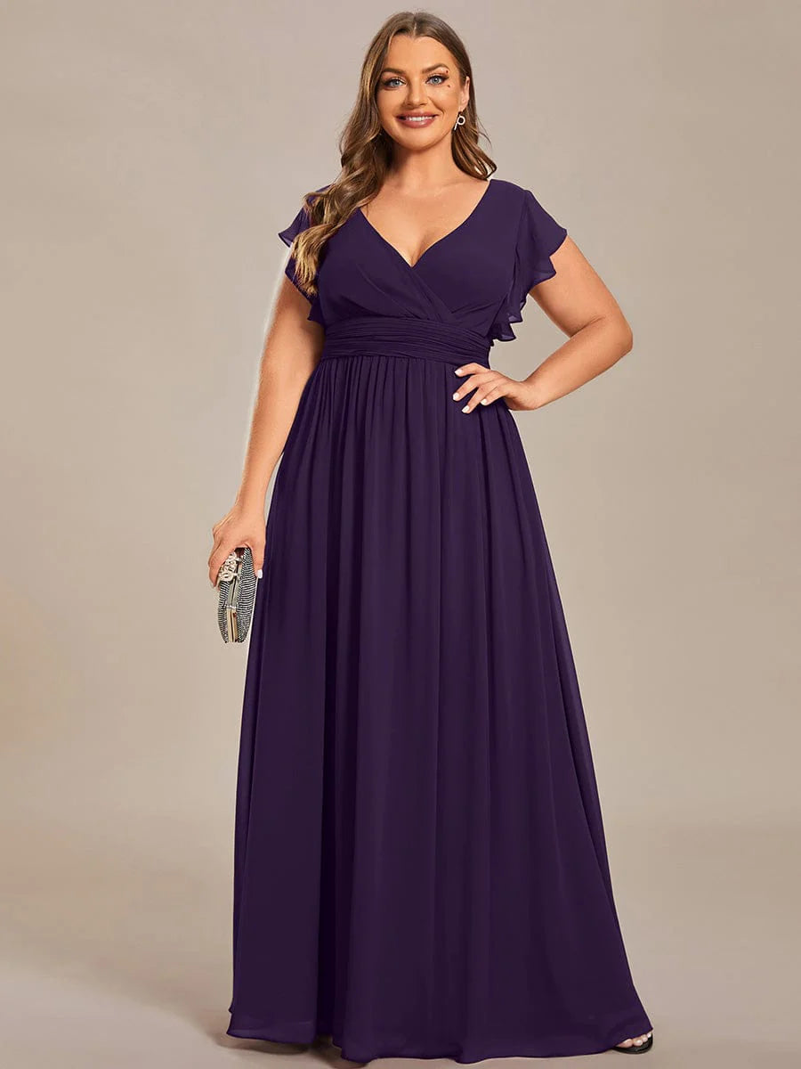 Ever LILYANA|Floral V-Neck Open Back Ruffled Sleeves Chiffon Bridesmaid Dress
