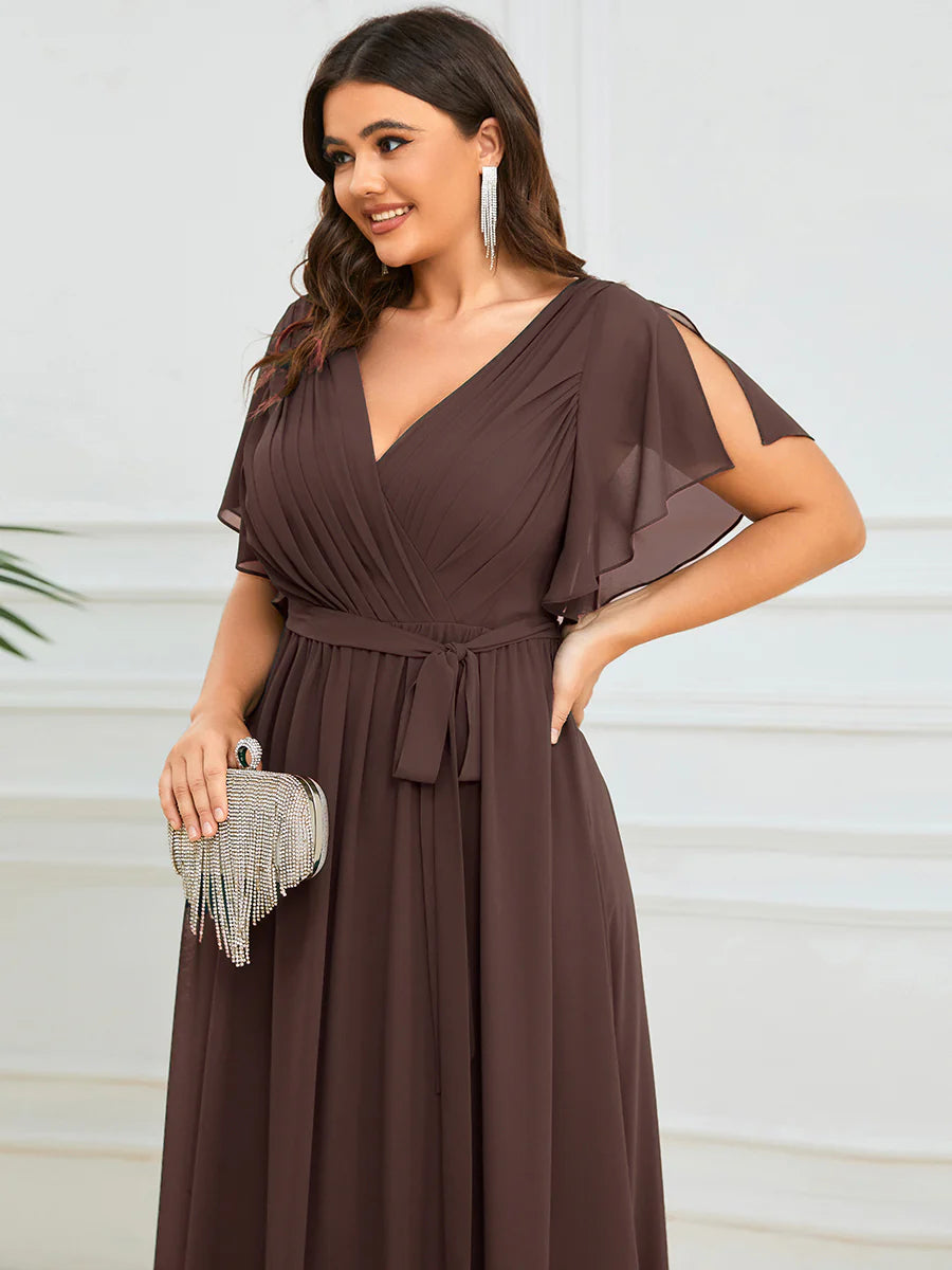 Short Sleeve Ruffle Deep V-Neck A-Line Floor Length Evening Dresses