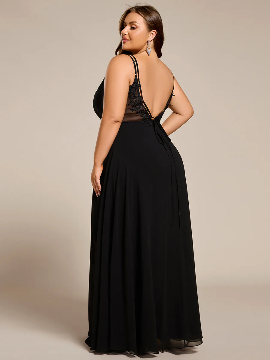 Plus Size Sleeveless V-Neck Appliques A-Line Floor Length Bridesmaid Dresses