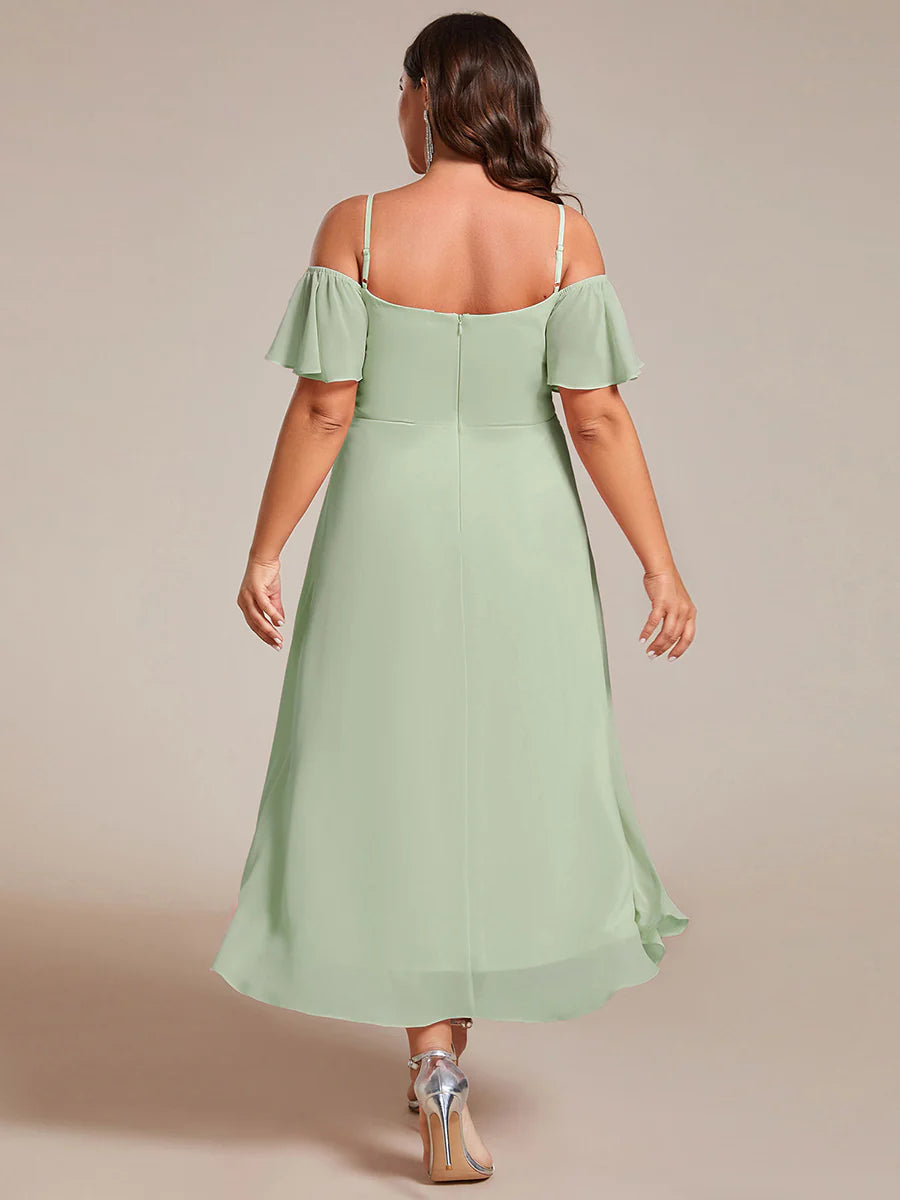 Plus Size Chiffon Spaghetti Strap Cold Shoulder Tea Length Wedding Guest Dress