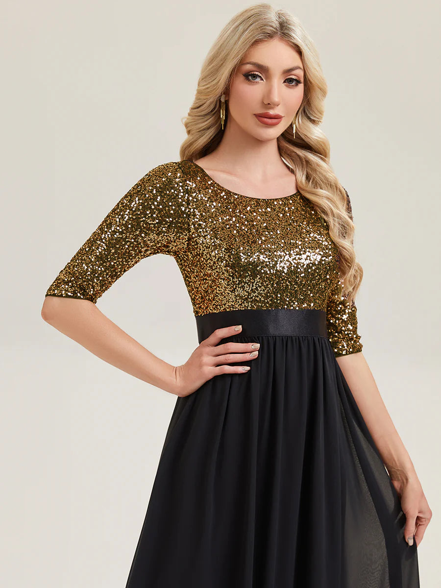 3/4 Sleeve Sequin Patchwork A-Line Floor Length Evening Dresses
