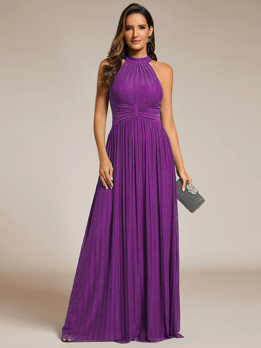 Glittery Halter Neck Pleated Formal Wholesale Evening Dress