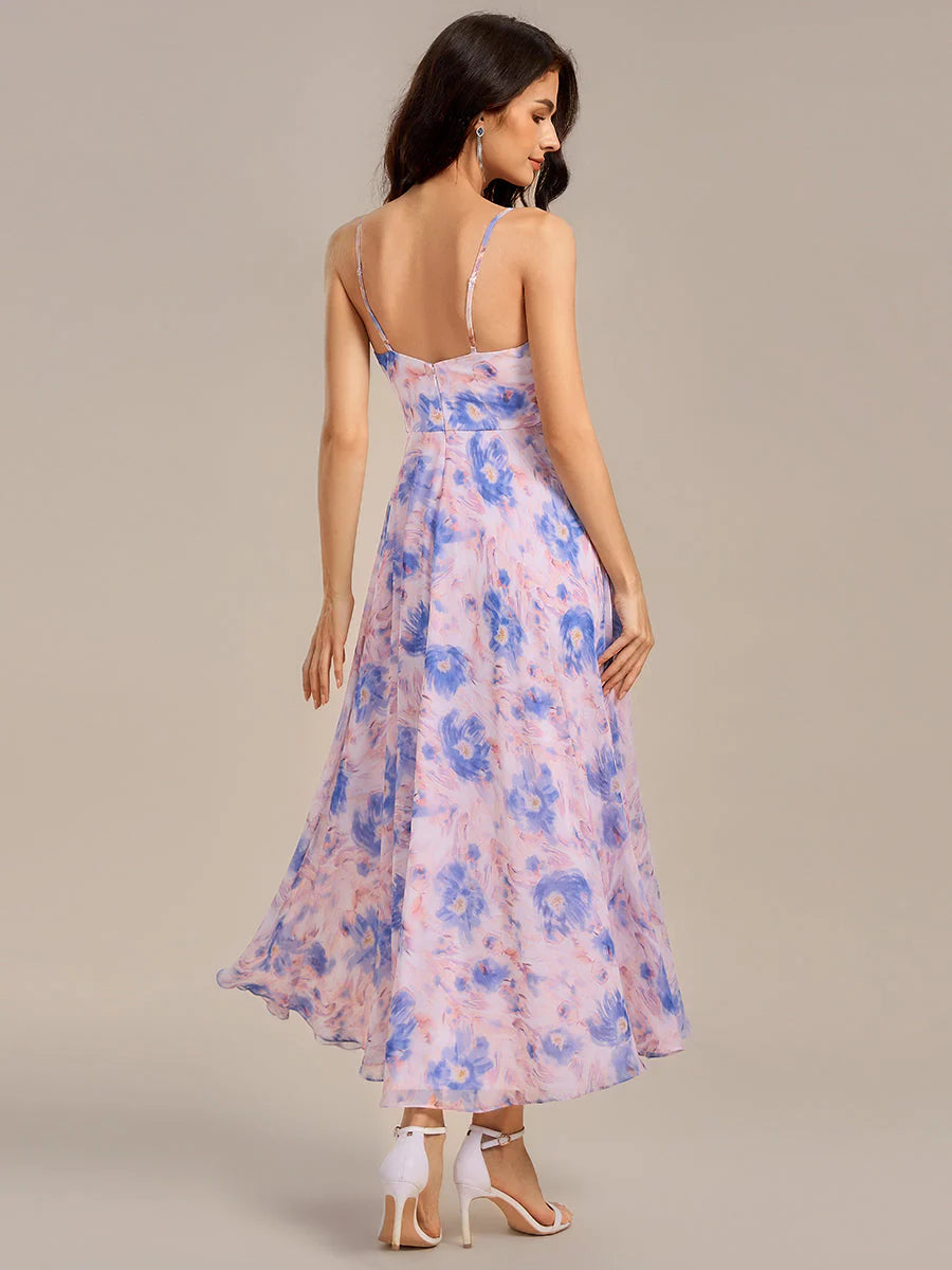 Sleeveless Deep V-Neck Floral A-Line Maxi Dress with Slit; Bridesmaid dresses