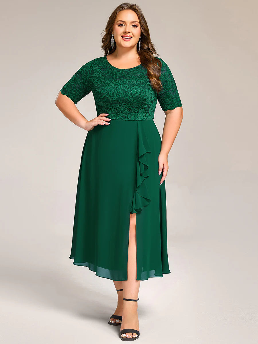 Plus Size Embroidery Split Nine-length Chiffon Evening Dresses