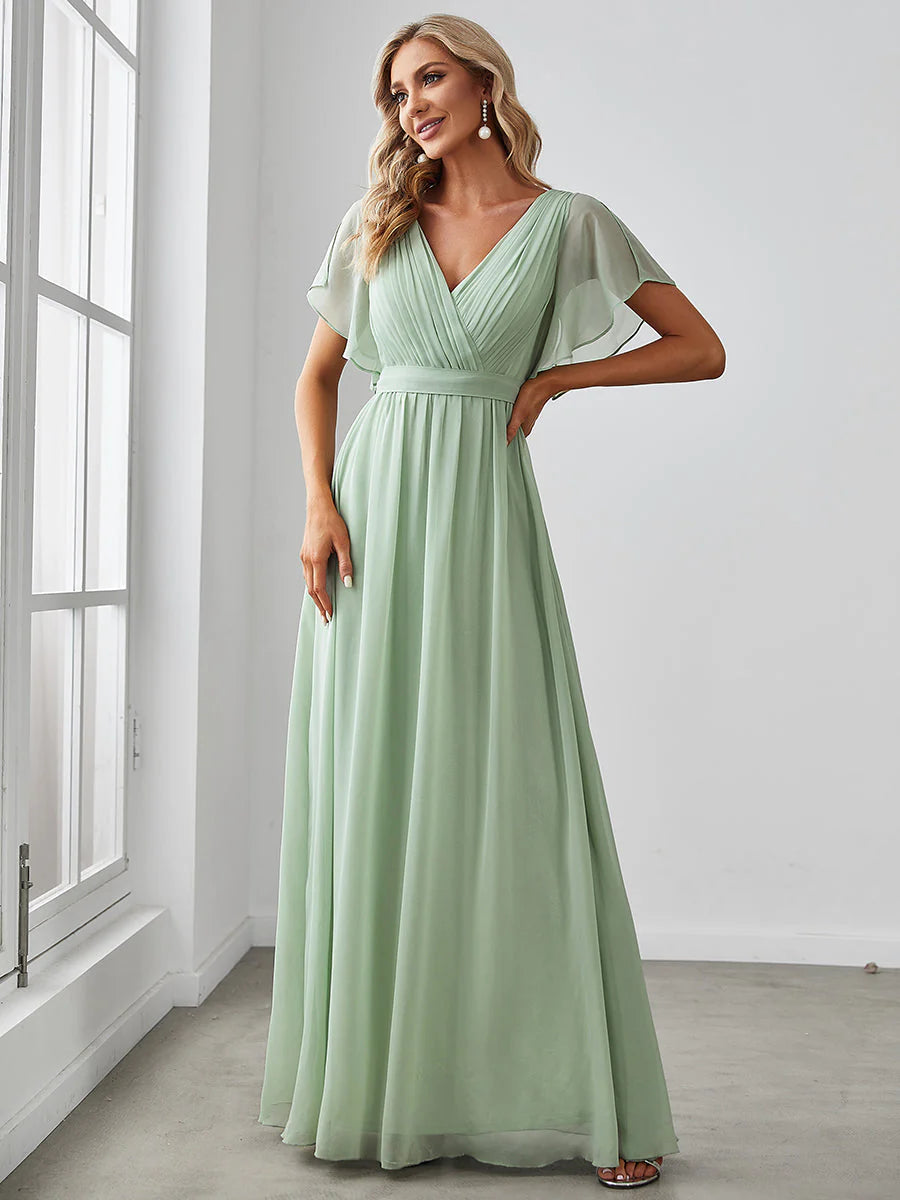 A Line Wholesale Evening Dresses with Deep V Neck Ruffles Sleeves