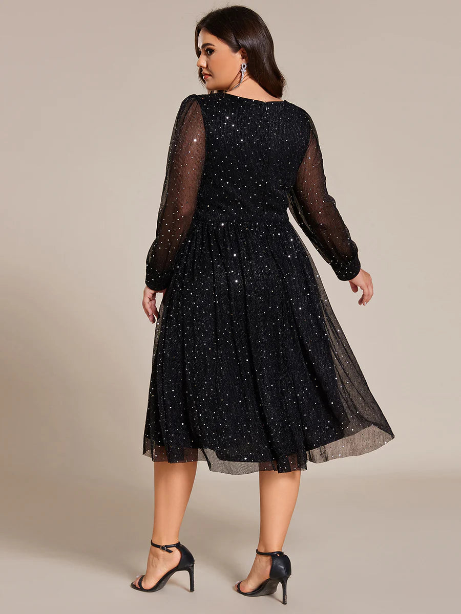 Plus Size Elegant Long Lantern Sleeve Midi Length Sequin Tulle Dresses with Shimmer Decoration