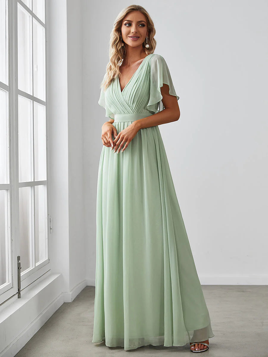 A Line Wholesale Evening Dresses with Deep V Neck Ruffles Sleeves