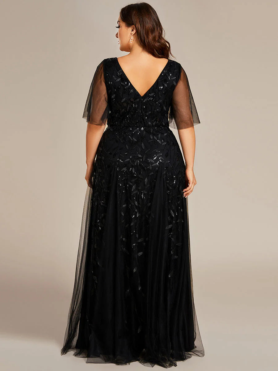 Plus Size Deep V Neck Wholesale Sequin Evening Gown With Short Sleeves