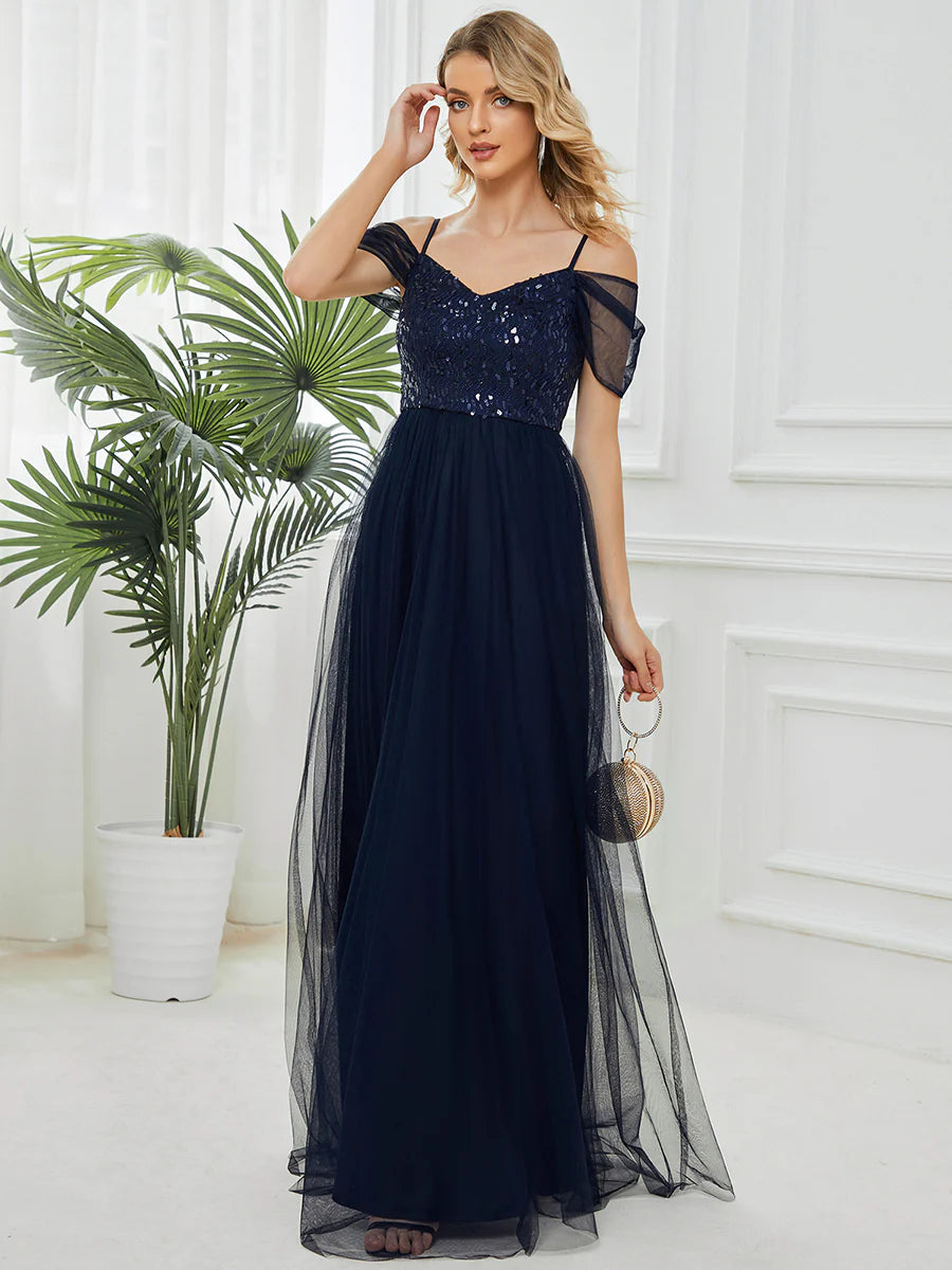 A-Line Sweetheart Neckline Ruffle Sleeve Tulle Wholesale Bridesmaid Dress