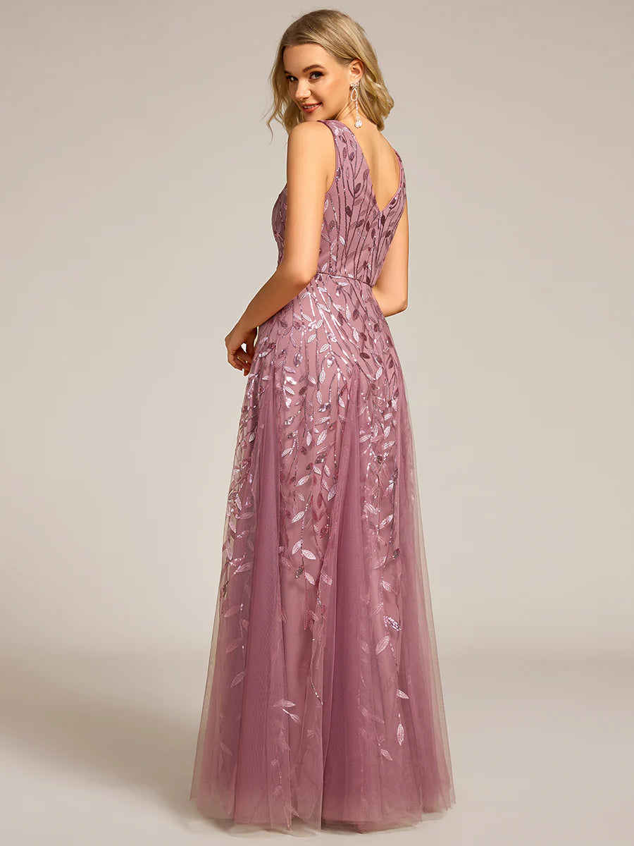 Shiny V-Neck Sequin Sleeveless Evening Dress with Tulle