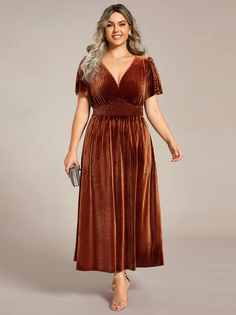 Plus-Size-V-Neck Tea Length Velvet Wedding Guest Dresses
