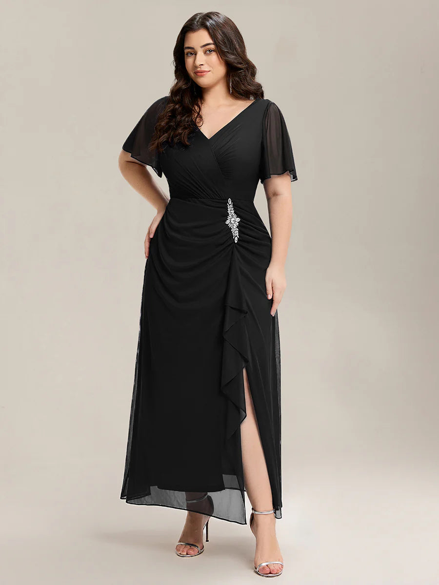 Short Sleeve Ruffle Deep V-Neck A-Line Maxi Dress with Slit Mother of the Bride Dresses
