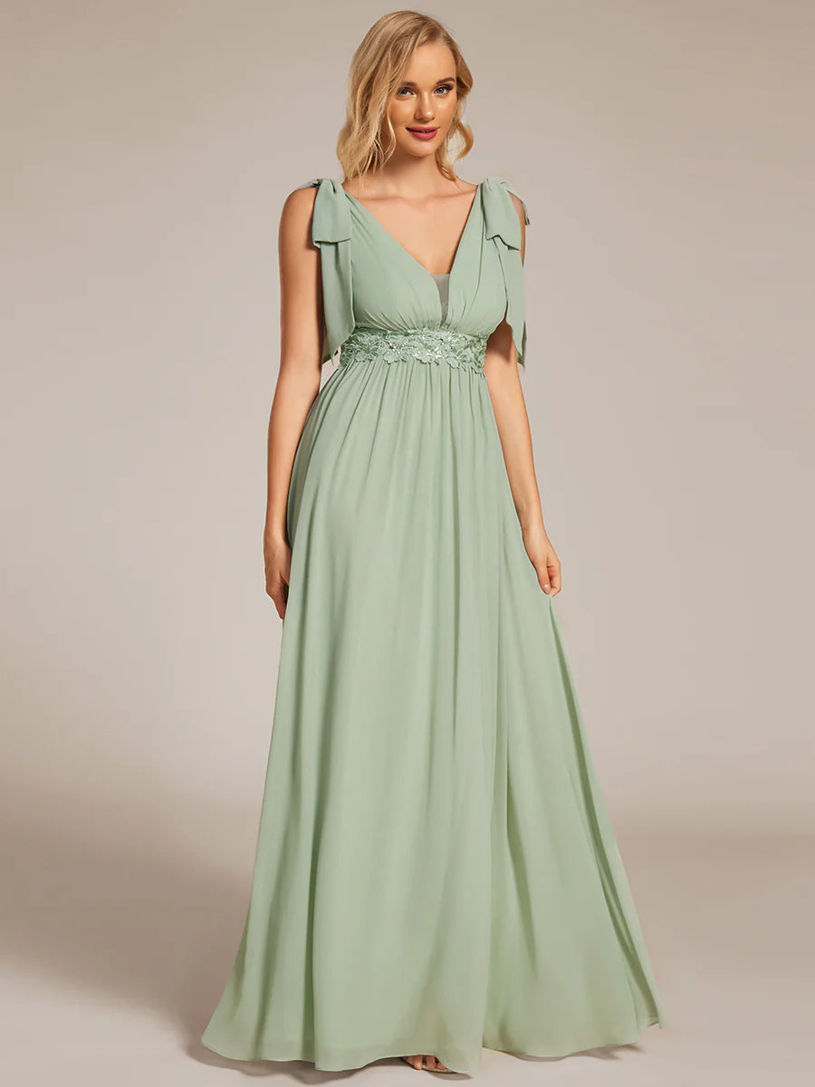 Elegant Bowknot Sleeveless Side Split Floor Length Chiffon Bridesmaid Dresses