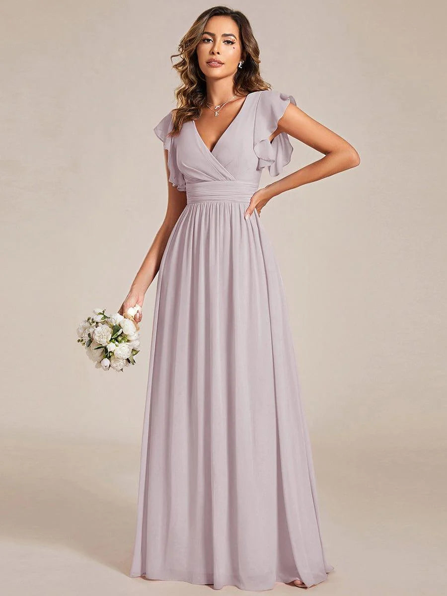 Ever LILYANA|Elegant V-Neck Open Back Ruffled Sleeves Chiffon Bridesmaid Dress