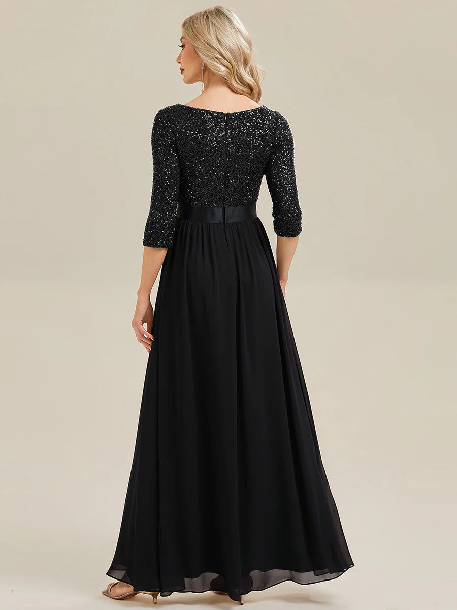 3/4 Sleeve Sequin Patchwork A-Line Floor Length Evening Dresses